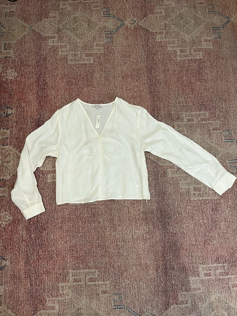 Madewell cream white v neck gathered long sleeve blouse sz 6